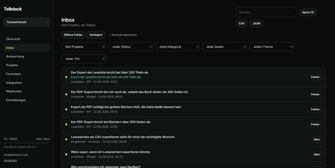 TellStack Inbox mit gesammeltem Feedback