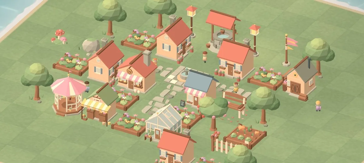 Screenshot aus Meadowmere: ein kleines Dorf auf einer Insel